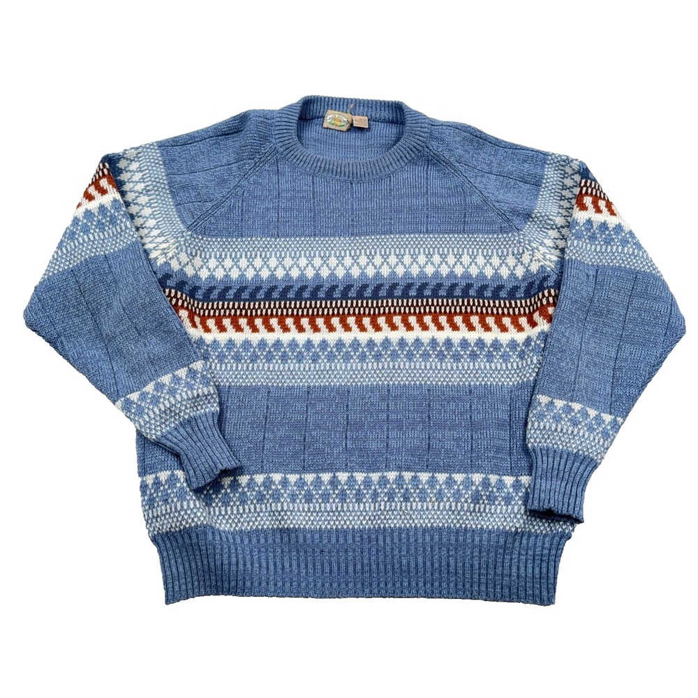Vintage Grandpa Sweater Men XXL 2XL Blue Geometric Nordic Knit 90s Acrylic Cosby